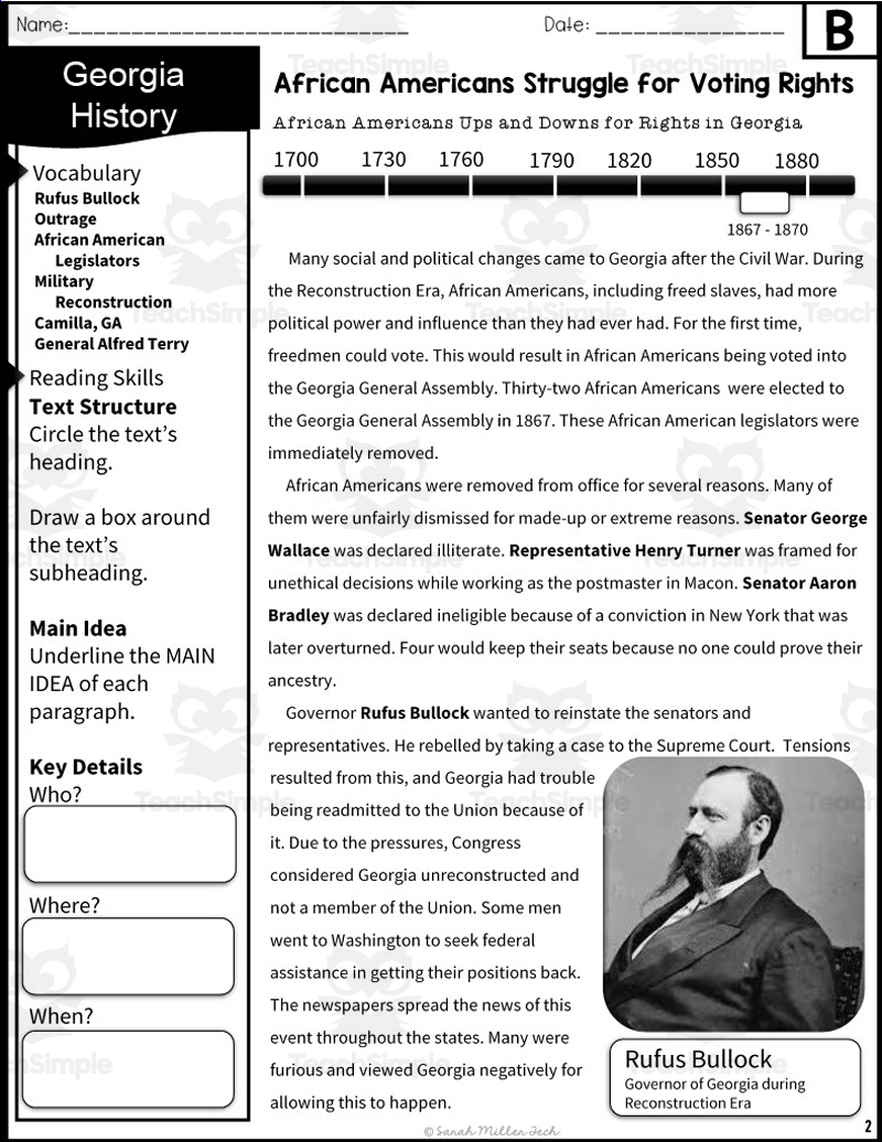 Georgia Reconstruction Reading Packetteach Simple with regard to Reconstruction Reading Comprehension Worksheet