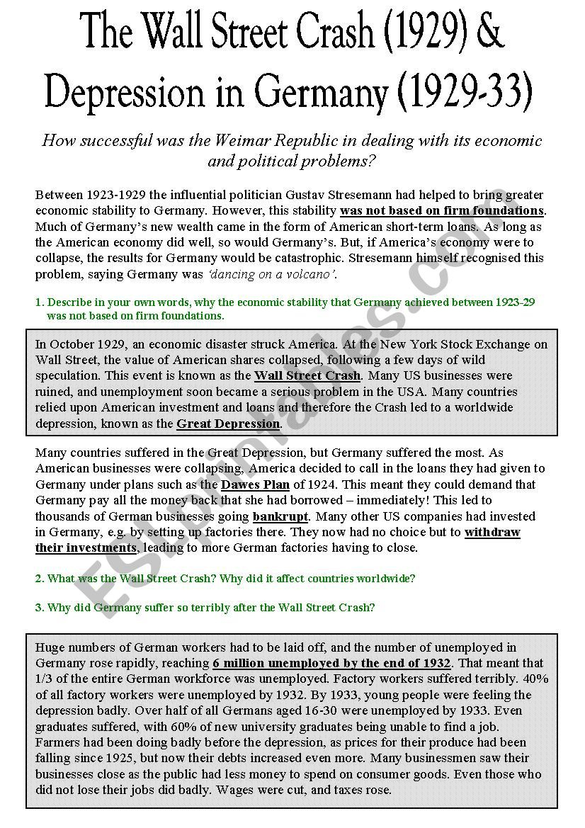 German Depression Vs. Great Depression - Esl Worksheetanekename inside The Great Depression Reading Comprehension Worksheet