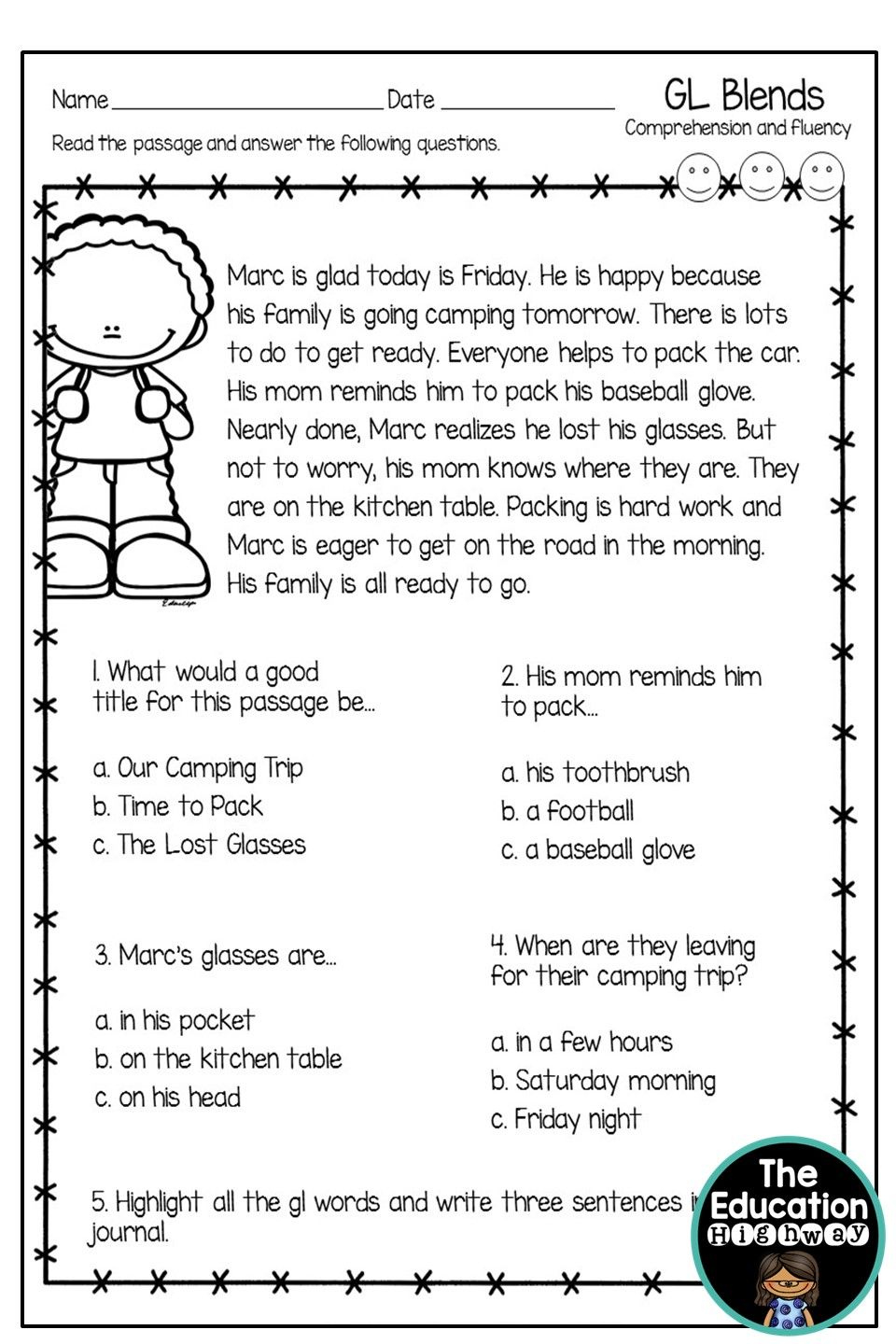 Gl Blends with Blend Reading Comprehension Worksheets