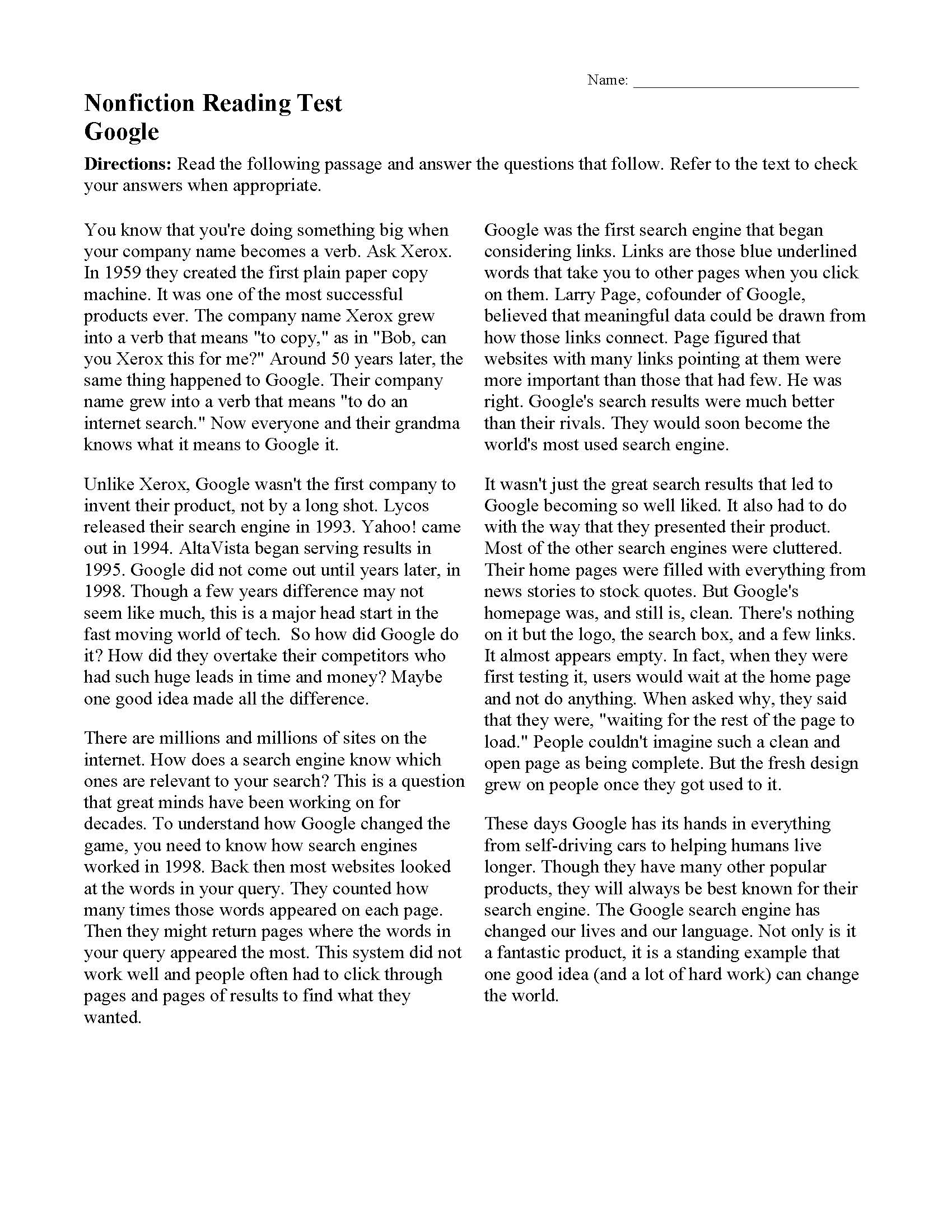 Google | Nonfiction Reading Activity with Grade 7 Story Worksheets Google