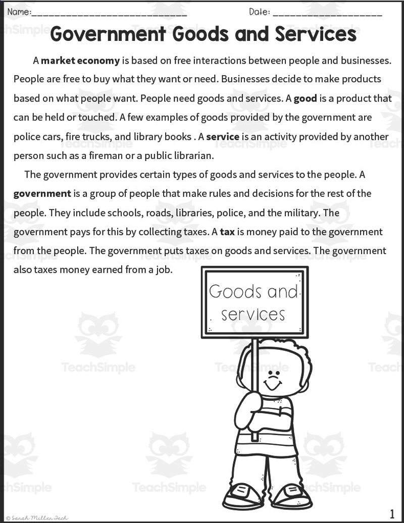 Government Goods And Services Reading Packet regarding Goods And Services Reading Comprehension Worksheets