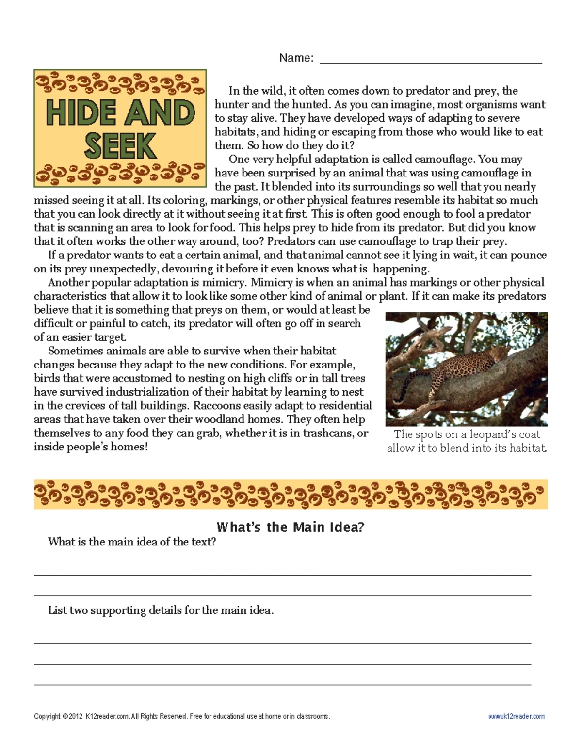 Gr3 Wk10 Adapting To Survive - Copyright ©2012 K12Reader with regard to K12reader Worksheets