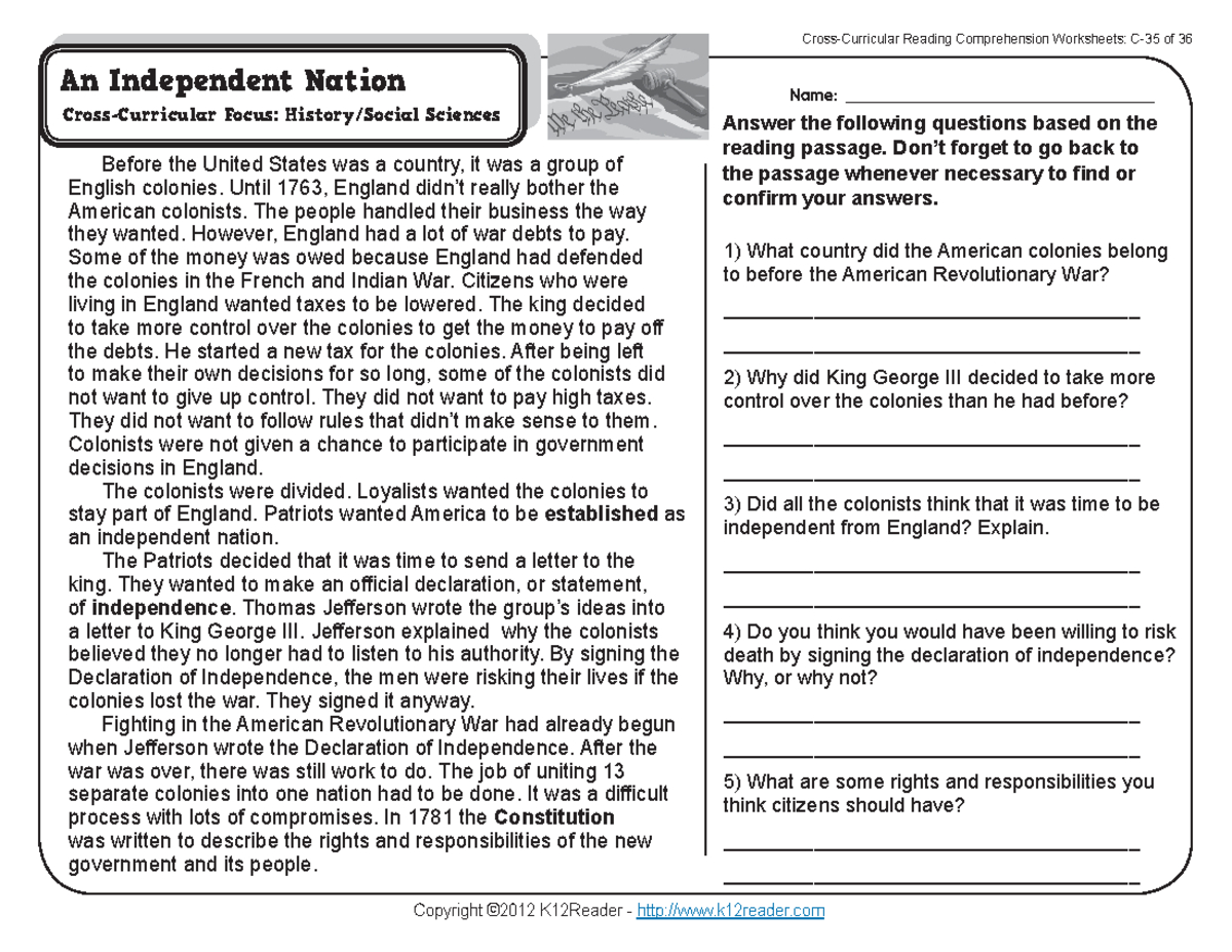 Gr3 Wk35 Cross-Curricular Reading On America&amp;#039;S Independence - Studocu pertaining to K12Reader Comprehension Worksheets