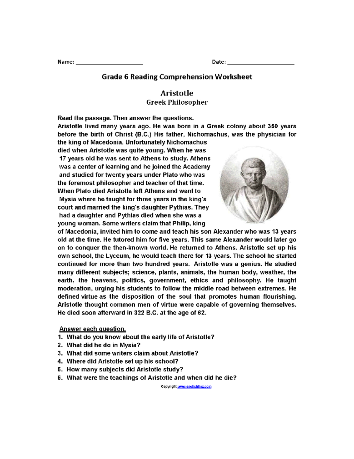 Grade 6 Reading Comprehension Worksheets: Aristotle, King Lear with regard to Grade 6 Reading Comprehension Worksheet King Lear