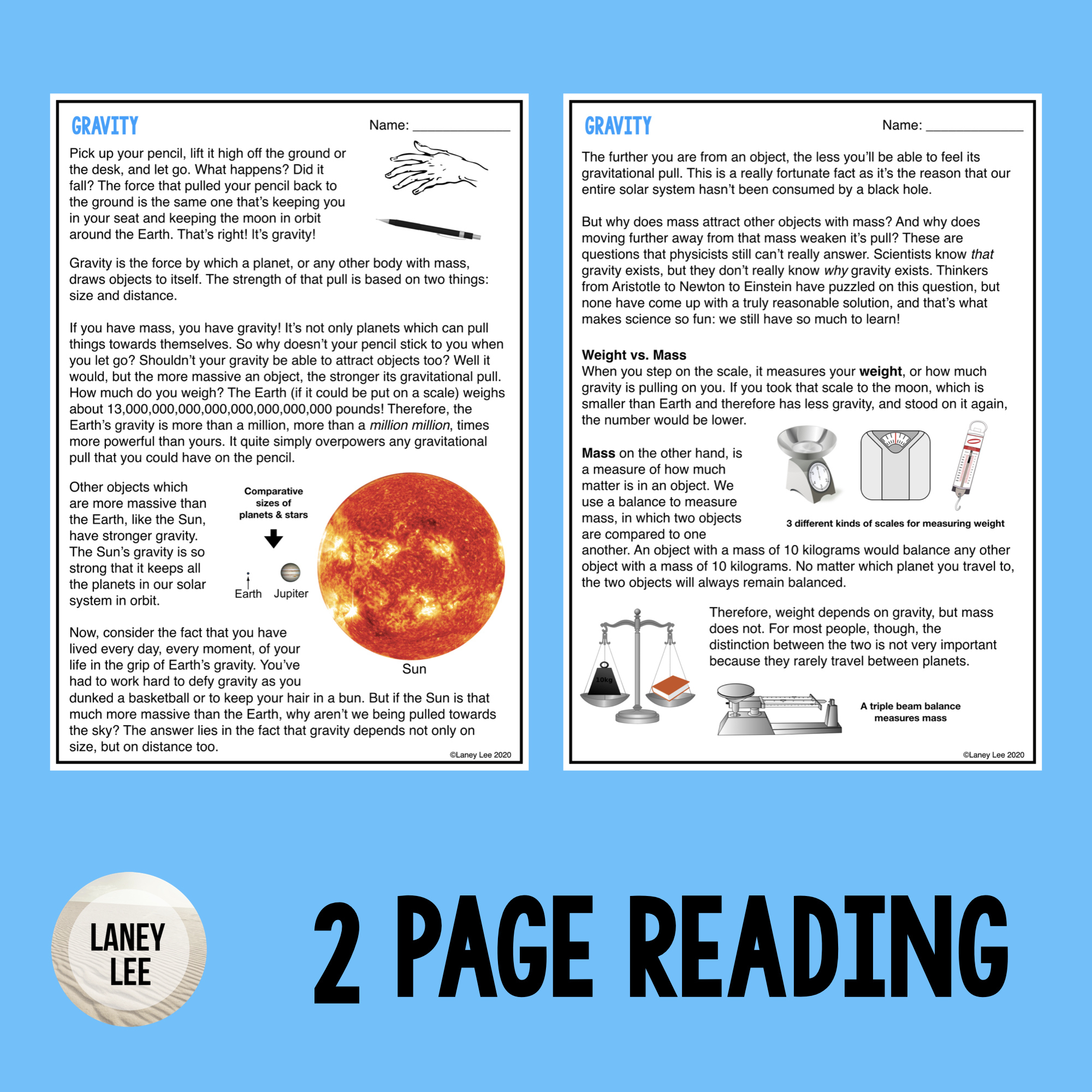 Gravity Guided Reading Worksheet With Answer Key - Laney Lee inside Gravity Reading Comprehension Worksheets