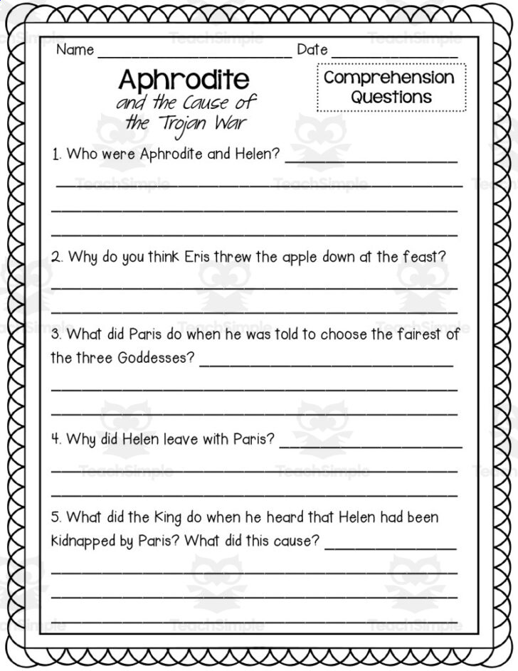 Greek Mythology Story Comprehension Worksheets Grade 5