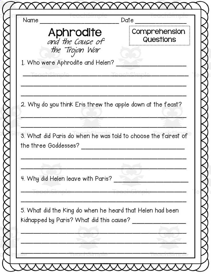 Greek Mythology Packet within Greek Mythology Story Comprehension Worksheets Grade 5