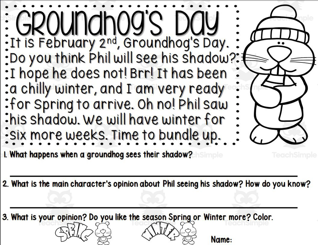 Groundhog&amp;#039;S Day Reading Comprehensionteach Simple inside Free Groundhog Day Reading Comprehension Worksheets