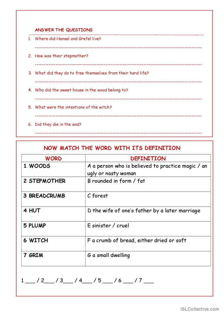 Hansel And Gretel - Reading Comprehe…: English Esl Worksheets Pdf inside Hansel And Gretel Reading Comprehension Worksheets Grade 4