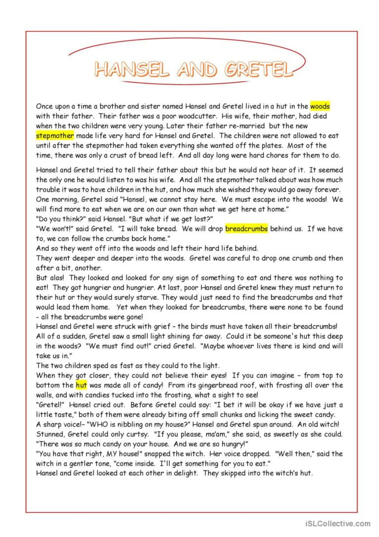 Hansel And Gretel - Reading Comprehe…: English Esl Worksheets Pdf inside Hansel and Gretel Reading Comprehension Worksheets Grade 4