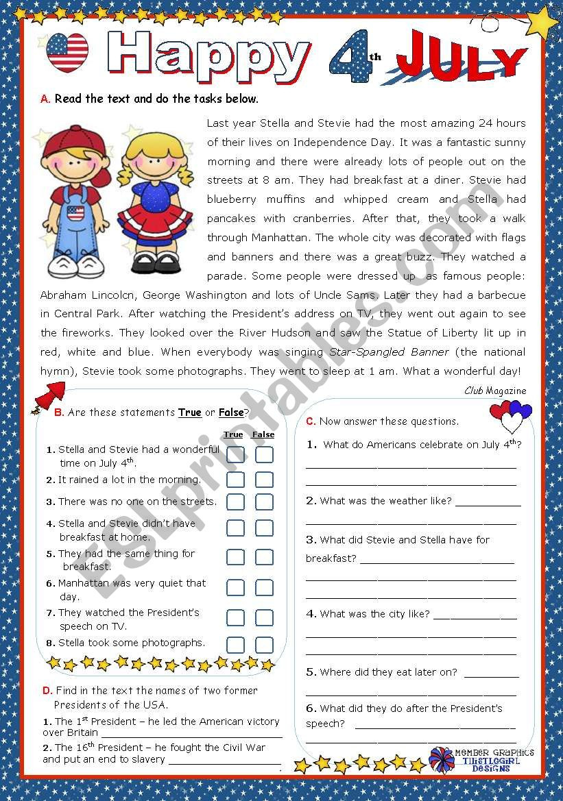 Happy 4Th July&amp;quot; Series (4) - Reading Comprehension - Esl Worksheet throughout 4Th Of July Reading Comprehension Worksheet