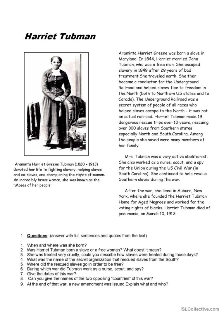Harriet Tubman: English Esl Worksheets Pdf &amp;amp; Doc intended for Harriet Tubman Reading Comprehension Worksheets