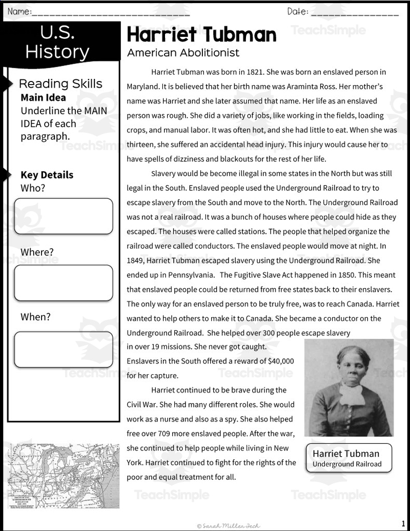Harriet Tubman Reading Packet pertaining to Harriet Tubman Reading Comprehension Worksheets