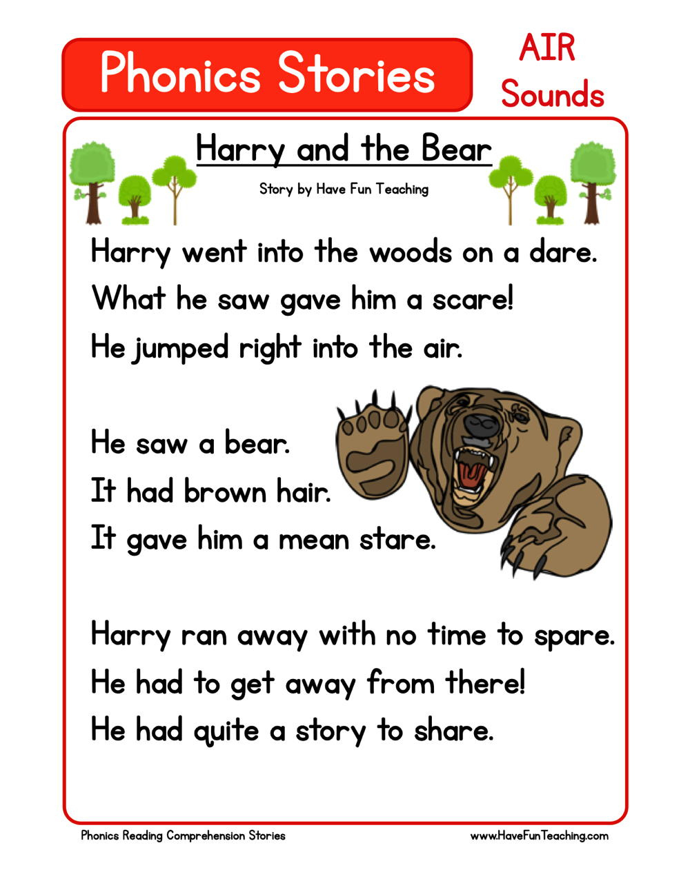 Harry And The Bear Phonics Reading Comprehension Story Worksheet inside Have Fun Reading Comprehension Worksheets