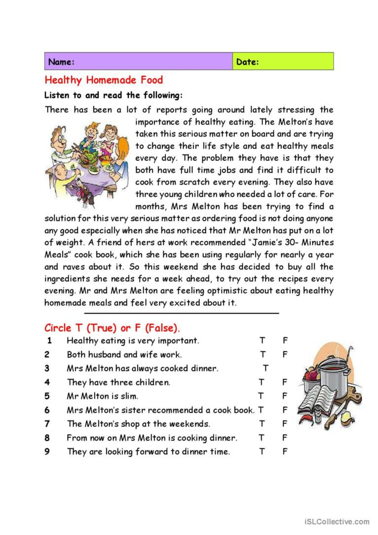 Healthy Homemade Food Reading For De…: English Esl Worksheets Pdf with regard to Reading Comprehension Worksheet About Food