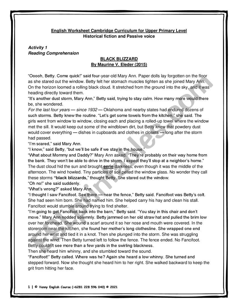 Historical Fiction - Black Blizzard And Passive Voice (Simple intended for Historical Fiction Reading Comprehension Worksheets