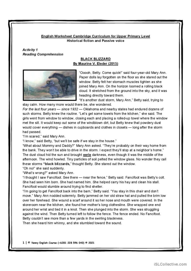 Historical Fiction - Black Blizzard…: English Esl Worksheets Pdf &amp;amp; Doc intended for Historical Fiction Reading Comprehension Worksheets
