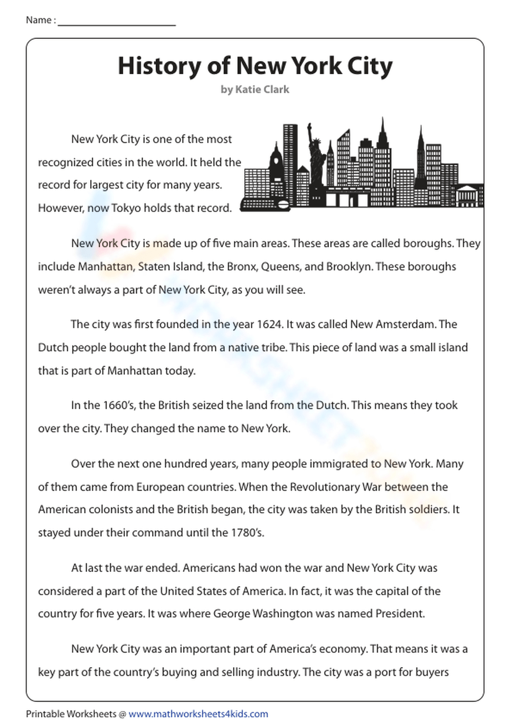 History Of New York City Worksheet intended for New York Reading Comprehension Worksheets