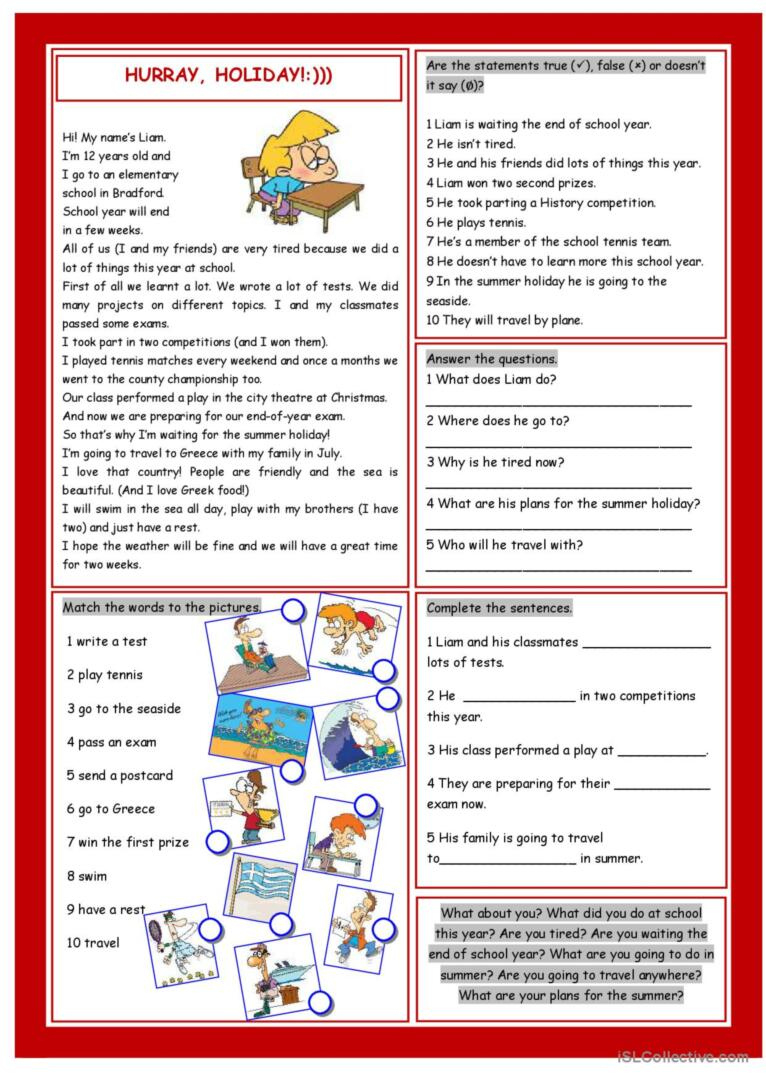 Hurray, Holiday!:)) Reading For Deta…: English Esl Worksheets Pdf in Holiday Reading Comprehension Worksheets Free