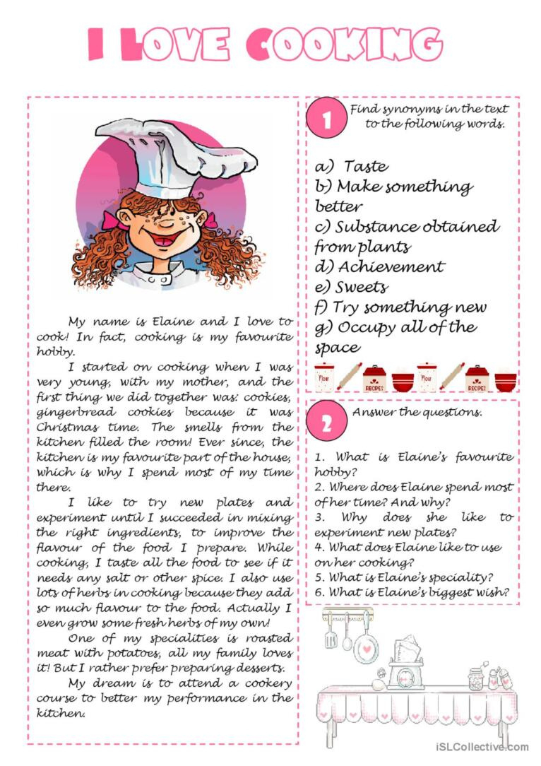 I Love Cooking - Reading Comprehensi…: English Esl Worksheets Pdf intended for Cooking Reading Comprehension Worksheets