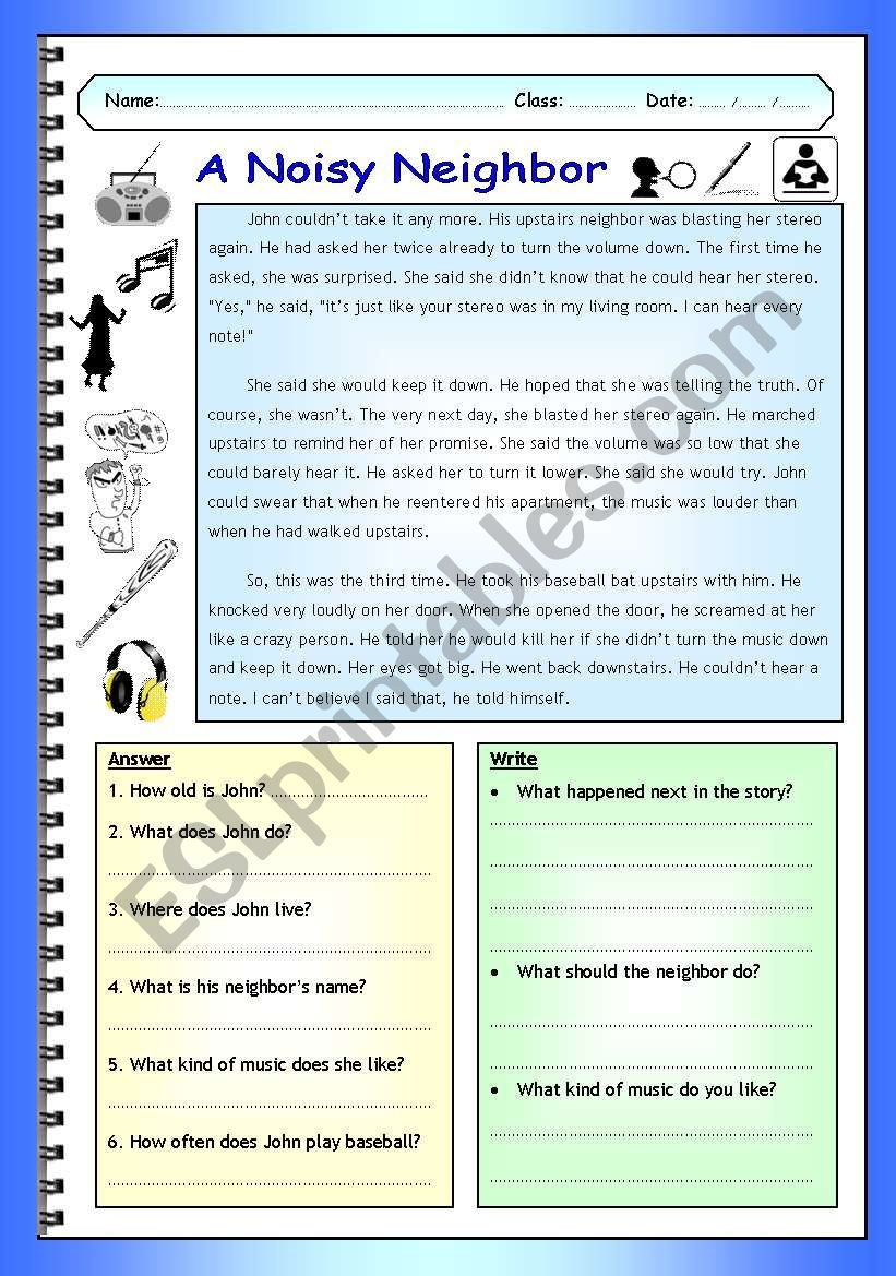 Imaginative Reading Comprehension - A Noisy Neighbor (Elementary pertaining to Literature Reading Comprehension Worksheets Pre-Intermediate