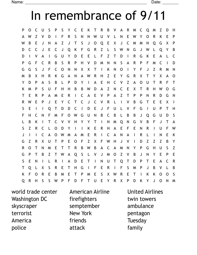 In Remembrance Of 9/11 Word Search - Wordmint within 9/11 Reading Comprehension Worksheets Free