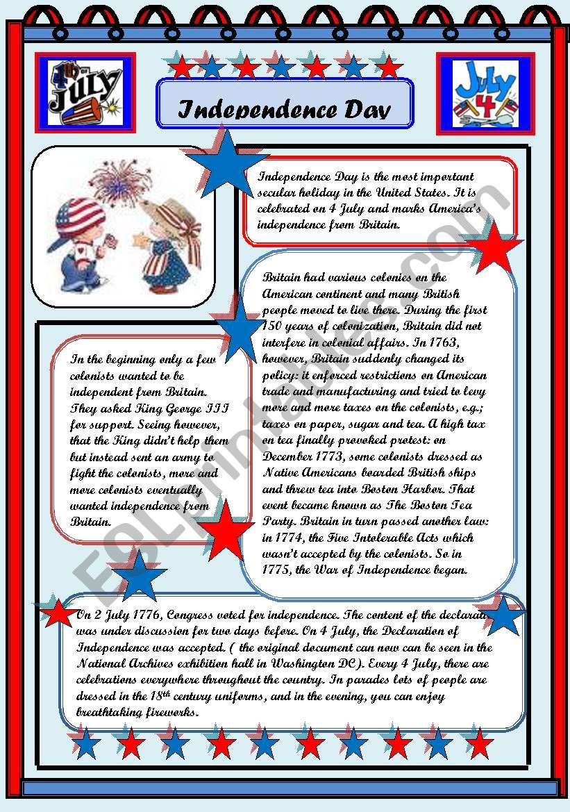 Independence Day 4 July Reading Comprehension 2Pages - Esl within Fourth of July Reading Comprehension Worksheets