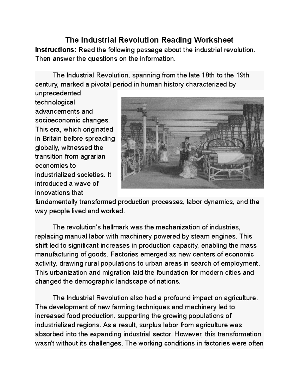 Industrial Revolution Reading Worksheet (Free Editable) - Studocu with regard to American Industrial Revolution Reading Comprehension Worksheets