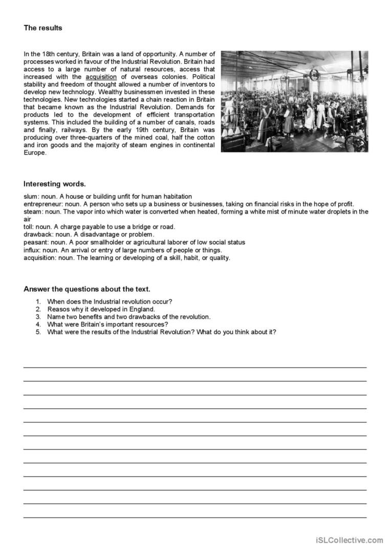 Industrial Revolution - Social Studi…: English Esl Worksheets Pdf for Industrial Revolution Reading Comprehension Worksheets