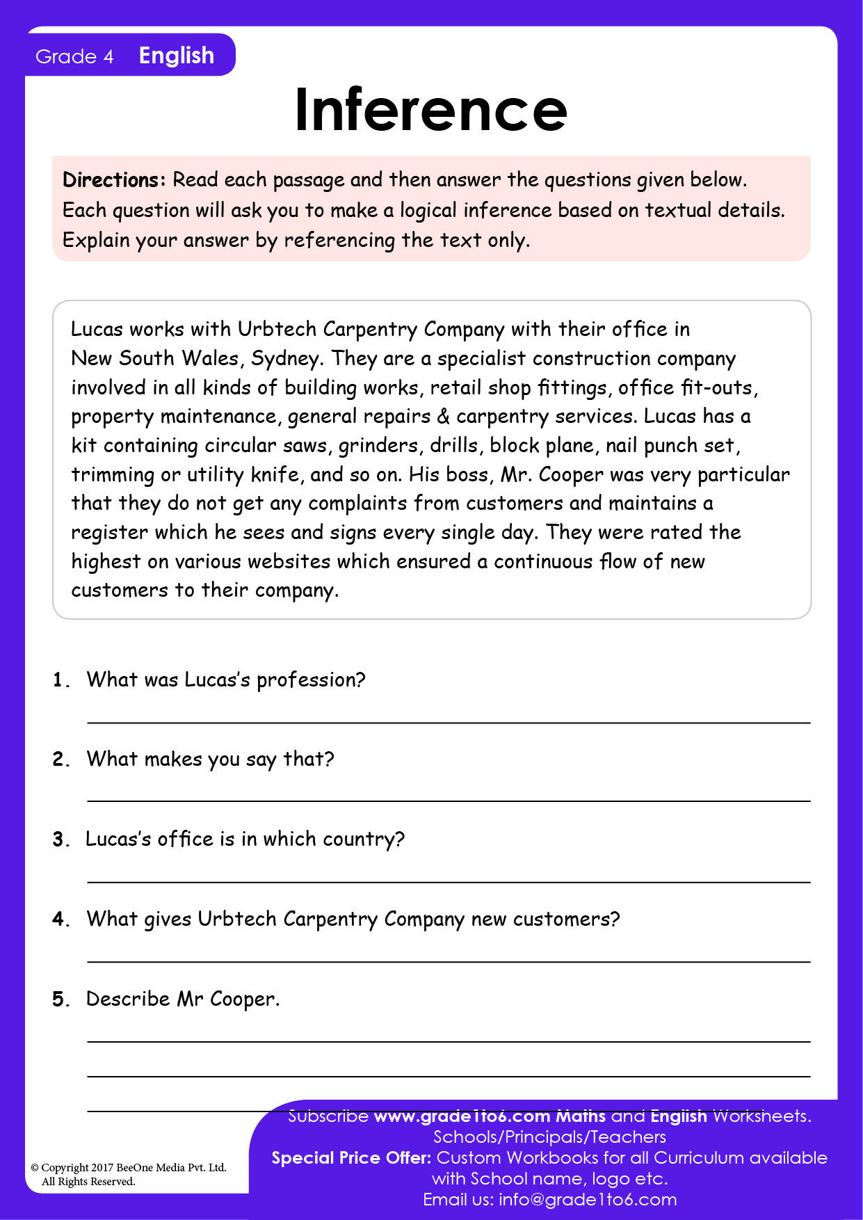 Inference Worksheets For Grade 4 | Grade1To6 throughout Making Inferences Reading Comprehension Worksheet