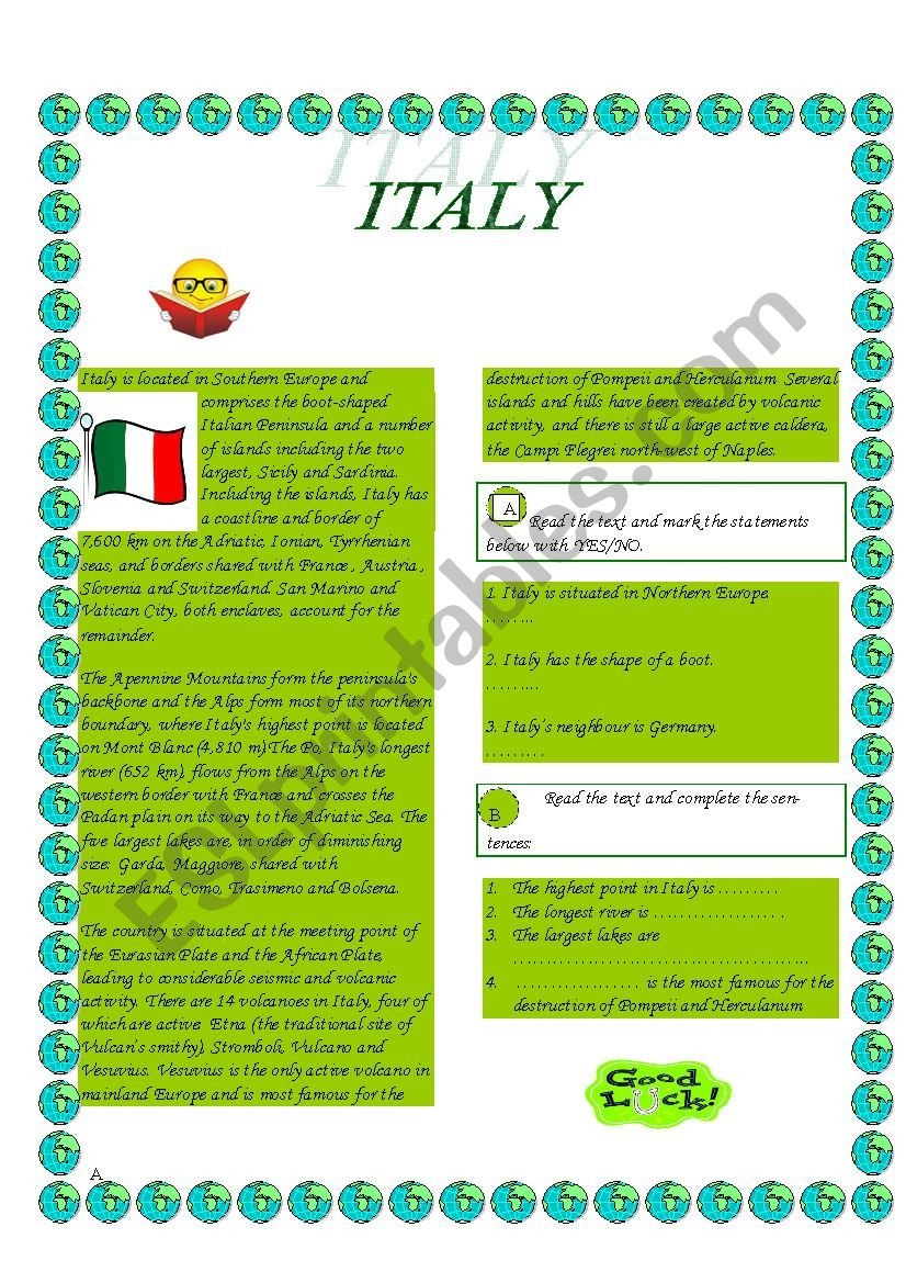 Italy-Reading Comprehension; The Superlative Of Adjectives - Esl regarding Italian Reading Comprehension Worksheets