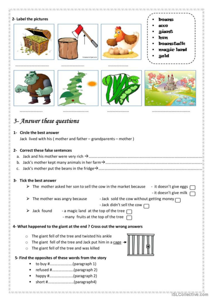 Jack and the Beanstalk Reading Comprehension Worksheets