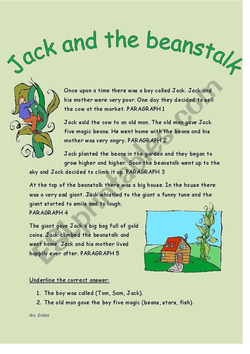 Jack And The Beanstalk Reading Comprehension - Esl Worksheet with regard to Jack and the Beanstalk Reading Comprehension Worksheets