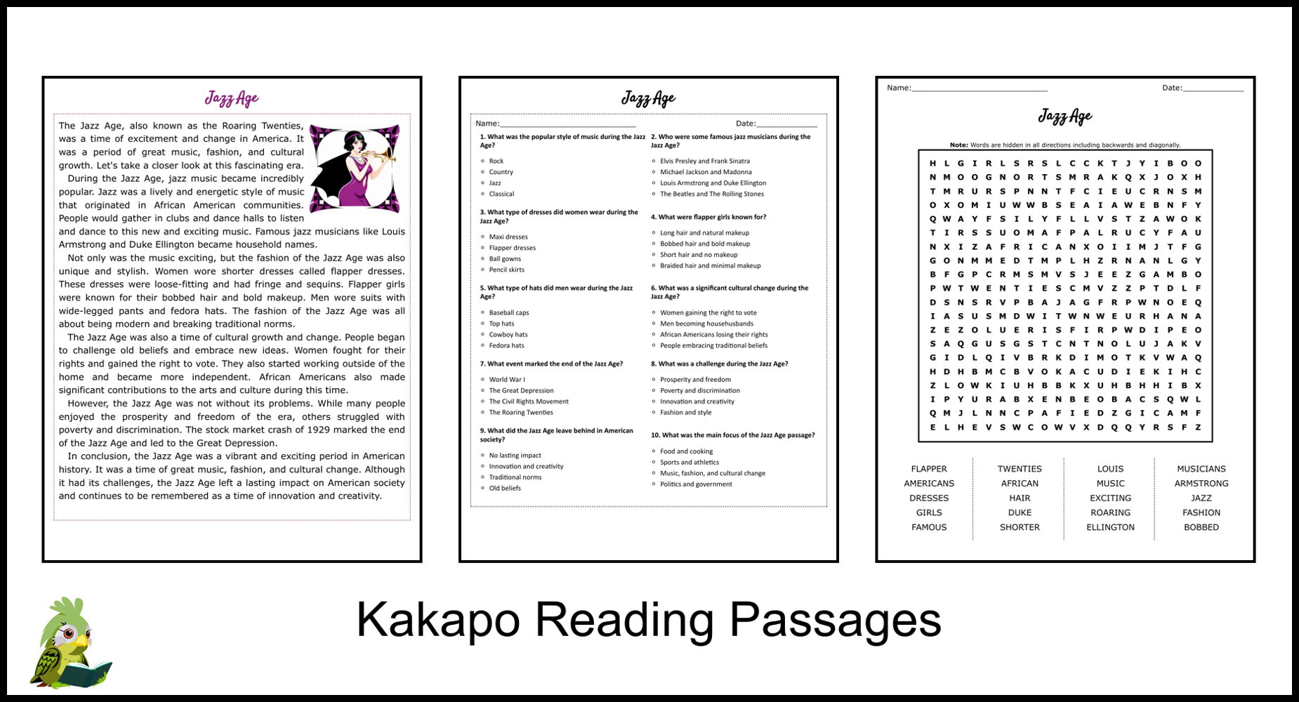 Jazz Age Reading Comprehension And Word Search | Teaching Resources with Roaring Twenties Reading Comprehension Worksheets