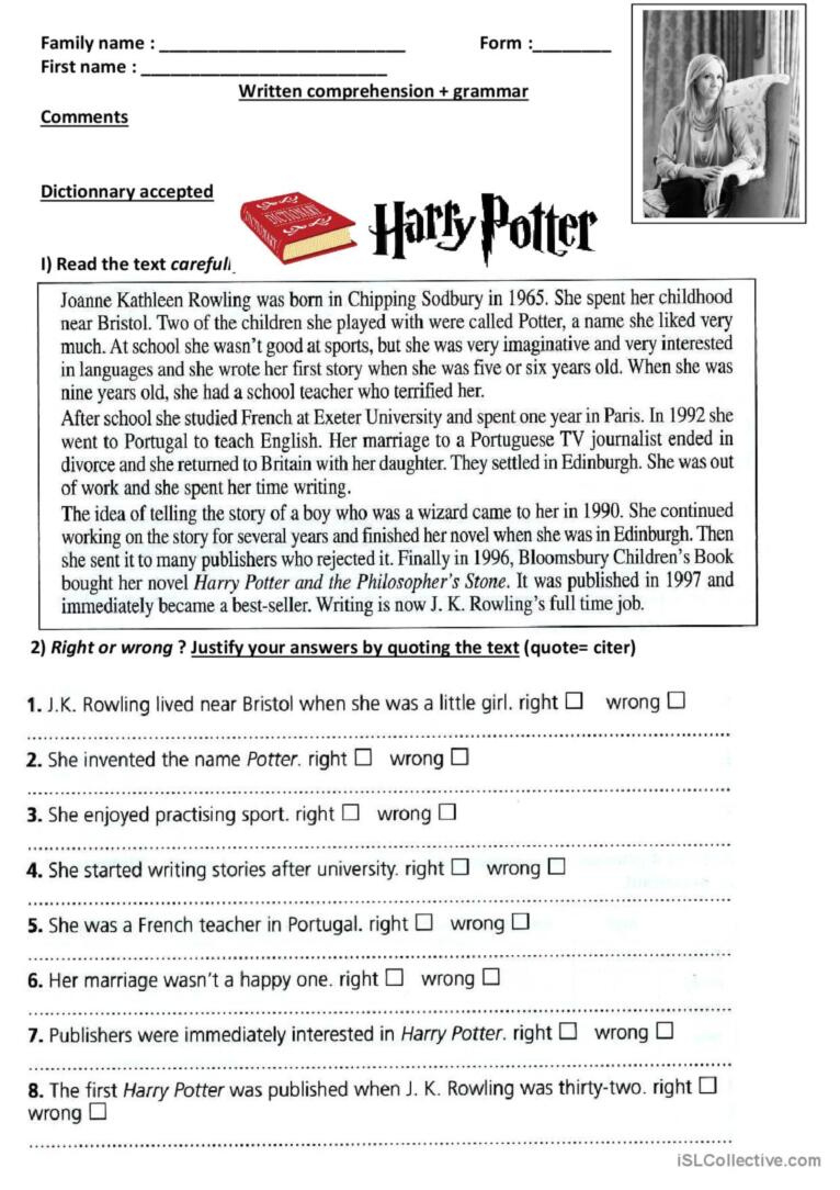 Jk Rowling Biography - Creator Of Ha…: English Esl Worksheets Pdf inside Biography Reading Comprehension Worksheets