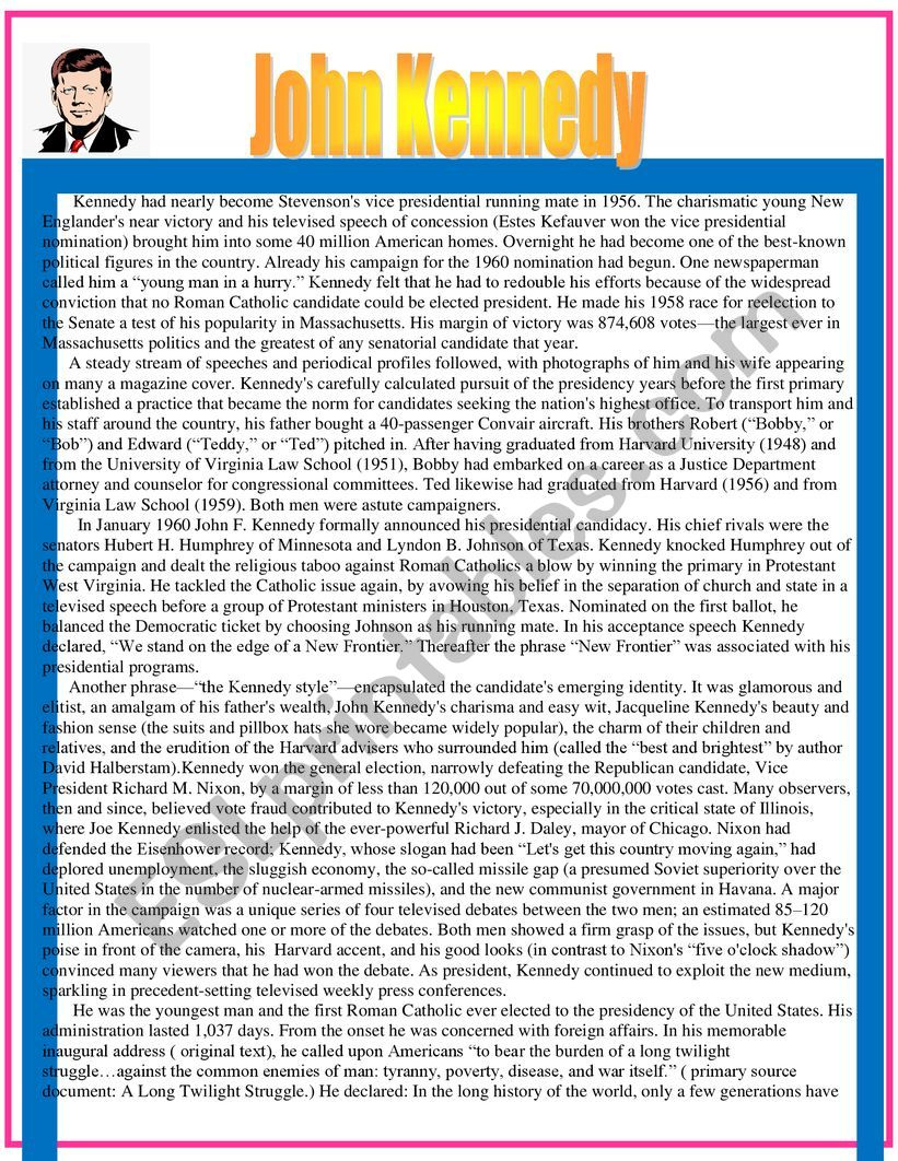 John Kennedy Reading Comprehension - Esl Worksheetsposh03 pertaining to Esl Reading Comprehension Worksheets Kennedy