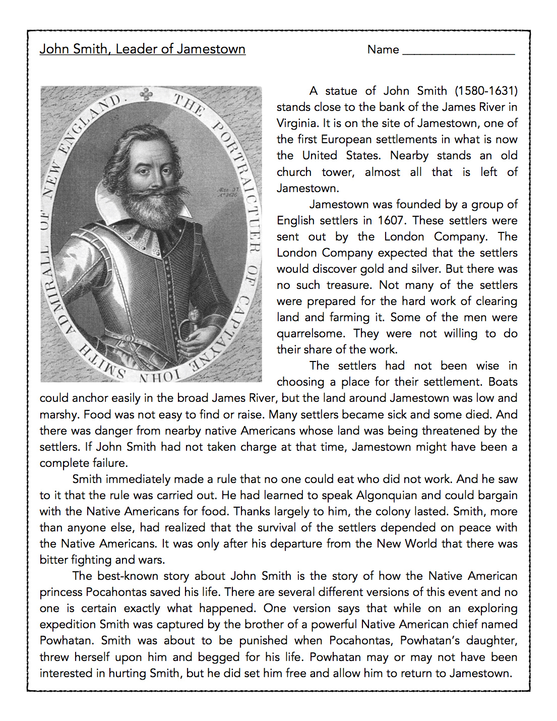 John Smith, Leader Of Jamestown- Reading Comprehension Passage And with regard to Jamestown Reading Comprehension Passages Worksheets