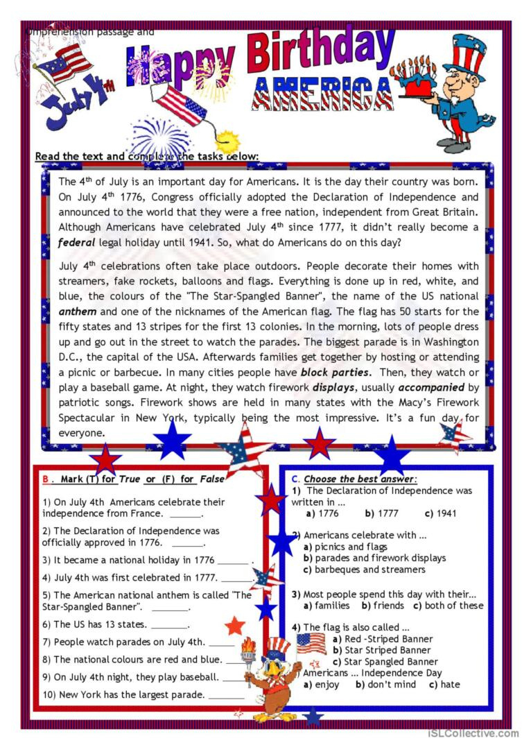 July 4Th - Happy Birthday America Re…: English Esl Worksheets Pdf throughout Fourth of July Reading Comprehension Worksheets