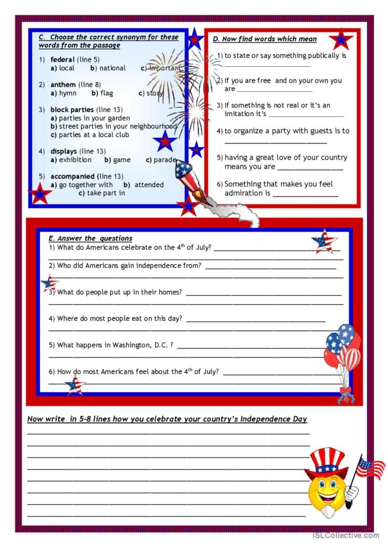 July 4Th - Happy Birthday America Re…: English Esl Worksheets Pdf within Independence Day Reading Comprehension Worksheet