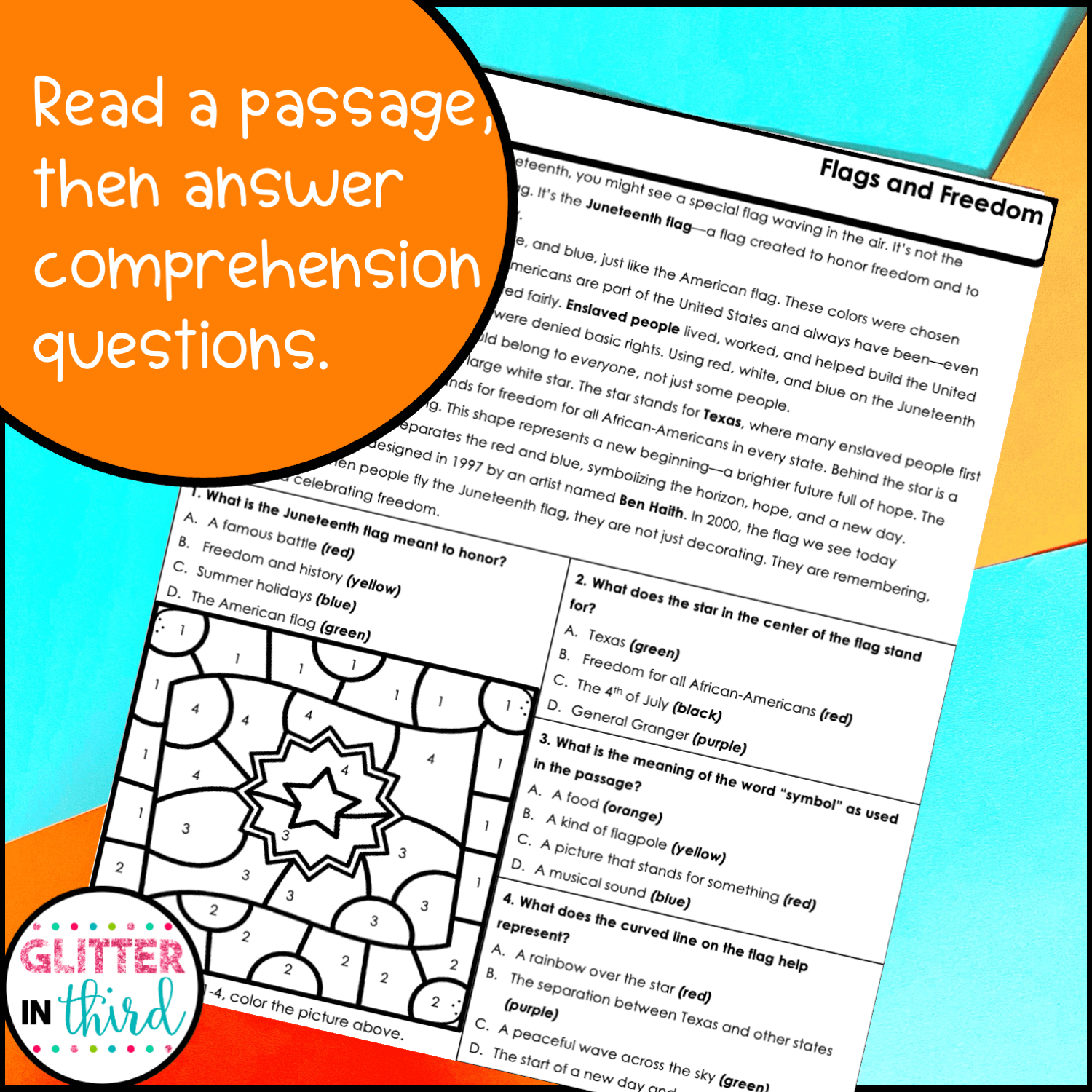 Juneteenth Colornumber Worksheet Reading Comprehension within Juneteenth Reading Comprehension Questions Worksheets