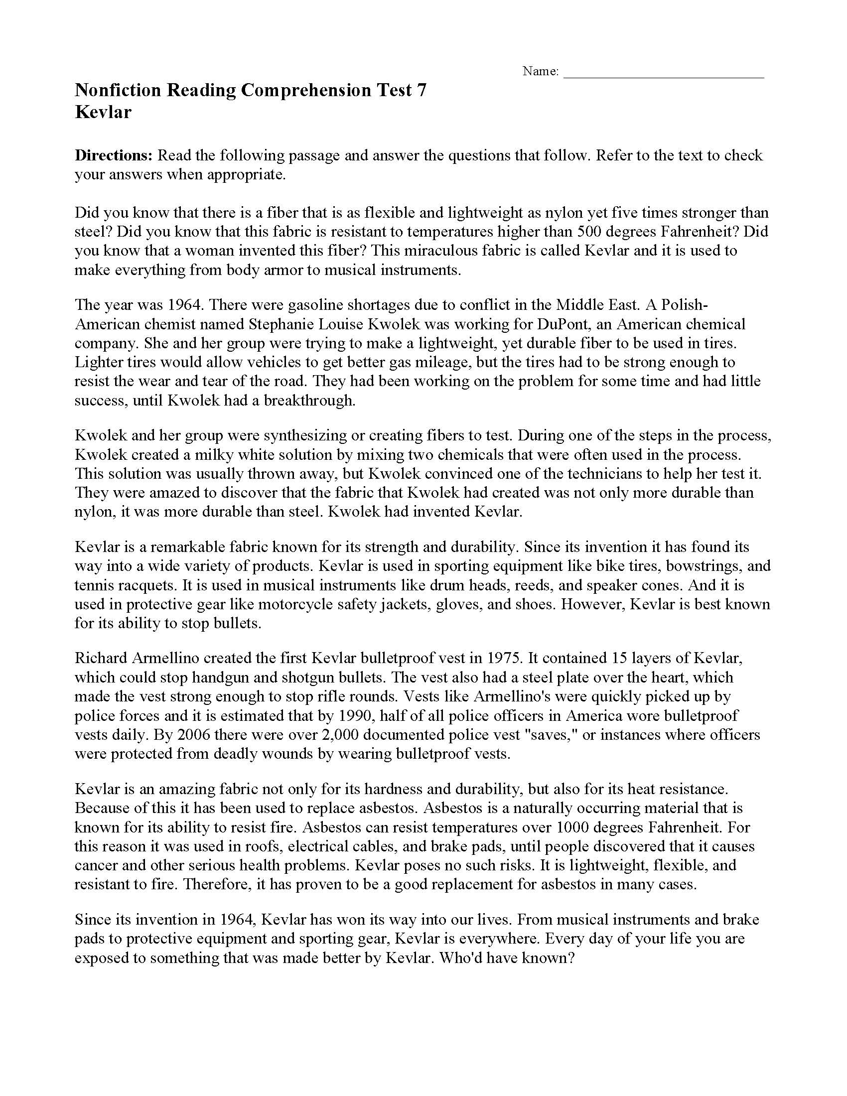 Kevlar | Nonfiction Reading Activity within Grade 7 Short Stories Worksheets 500 Words