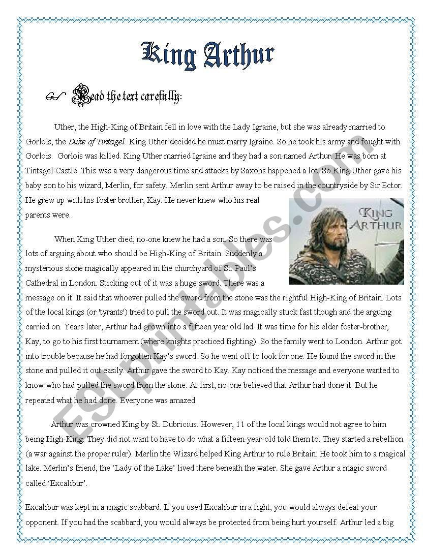 King Arthur - Esl Worksheetchristofor in King Arthur Story Comprehension Worksheets