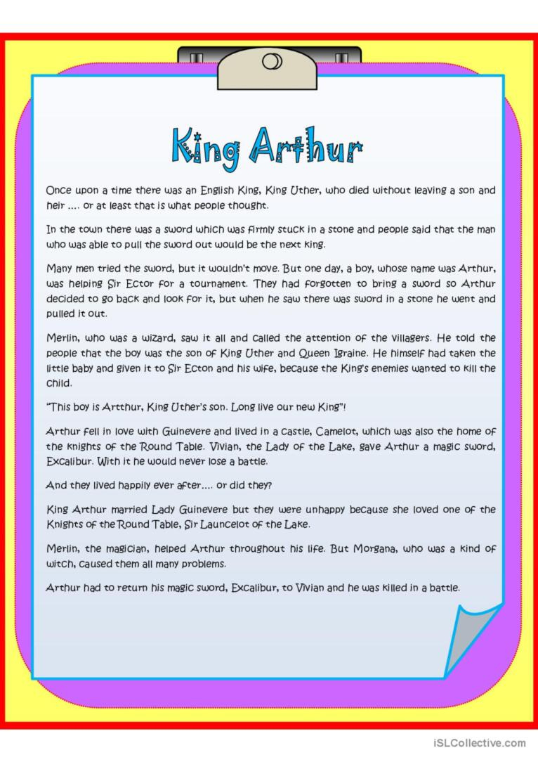 King Arthur&amp;#039;S Legend Reading For De…: English Esl Worksheets Pdf &amp;amp; Doc intended for King Arthur Story Comprehension Worksheets