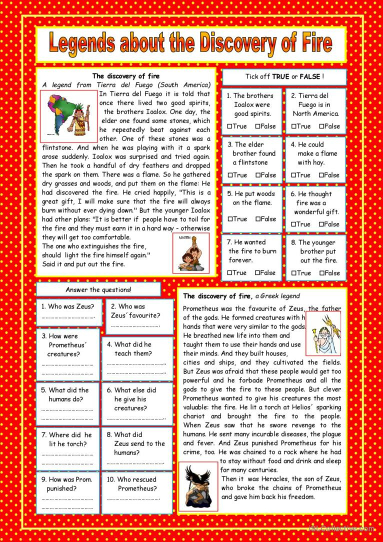 Legends About The Discovery Of Fire…: English Esl Worksheets Pdf &amp;amp; Doc within Legends Reading Comprehension Worksheets