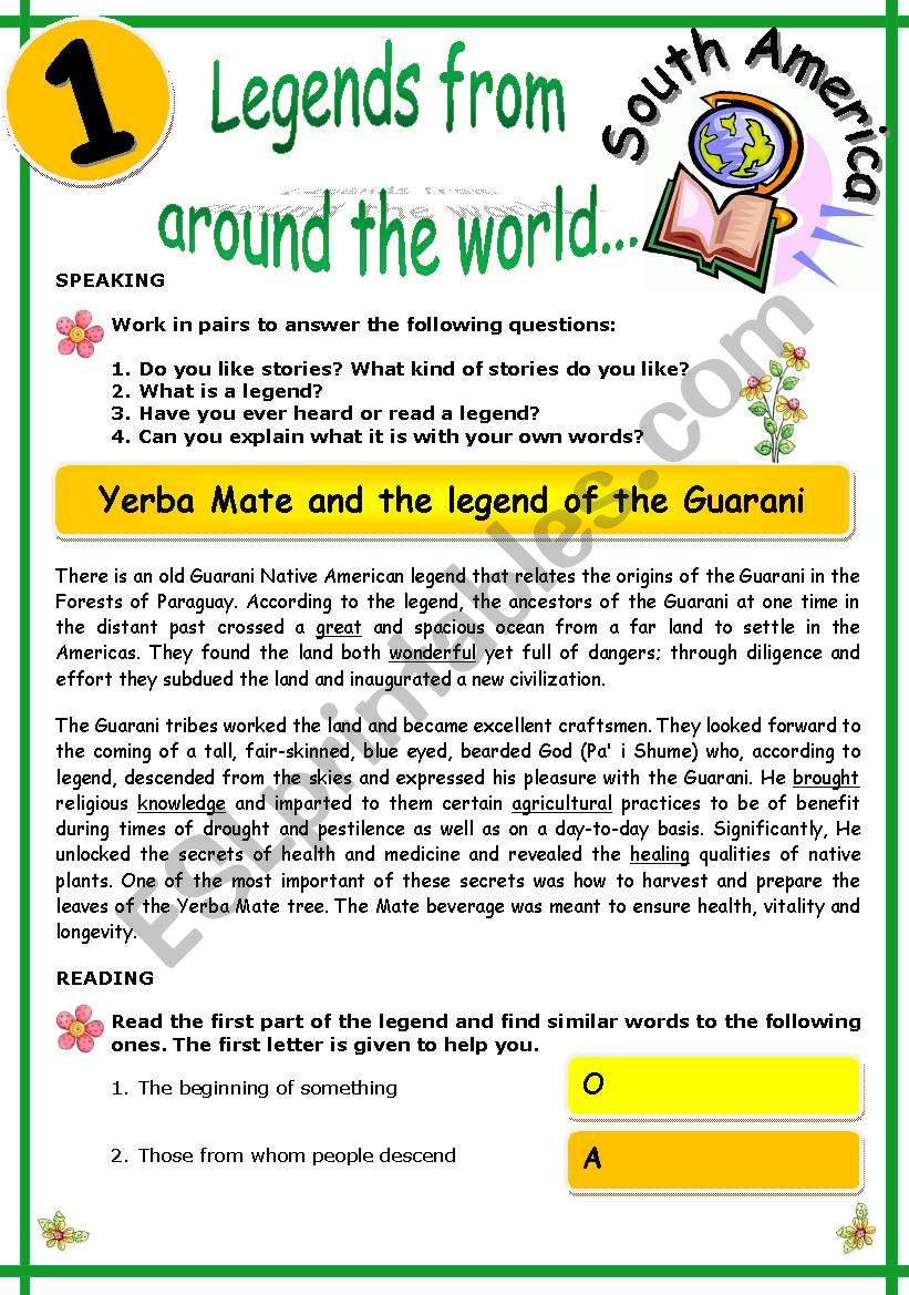 Legends From Around The World Series (1) - Esl Worksheettricia973 regarding Legends Reading Comprehension Worksheets