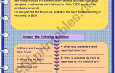 Leonardo Da Vinci . Reading Comprehension. - Esl Worksheetnajati with Leonardo Da Vinci Reading Comprehension Worksheet