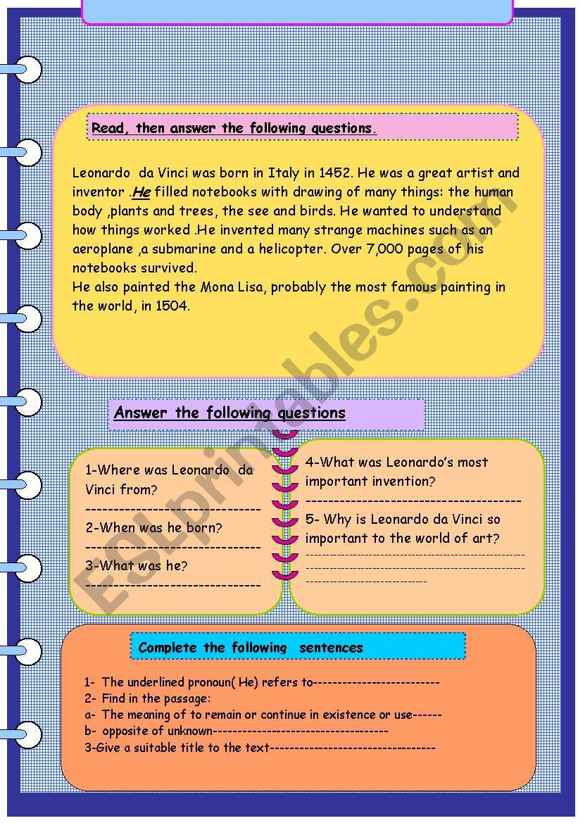 Leonardo Da Vinci . Reading Comprehension. - Esl Worksheetnajati with Leonardo Da Vinci Reading Comprehension Worksheet