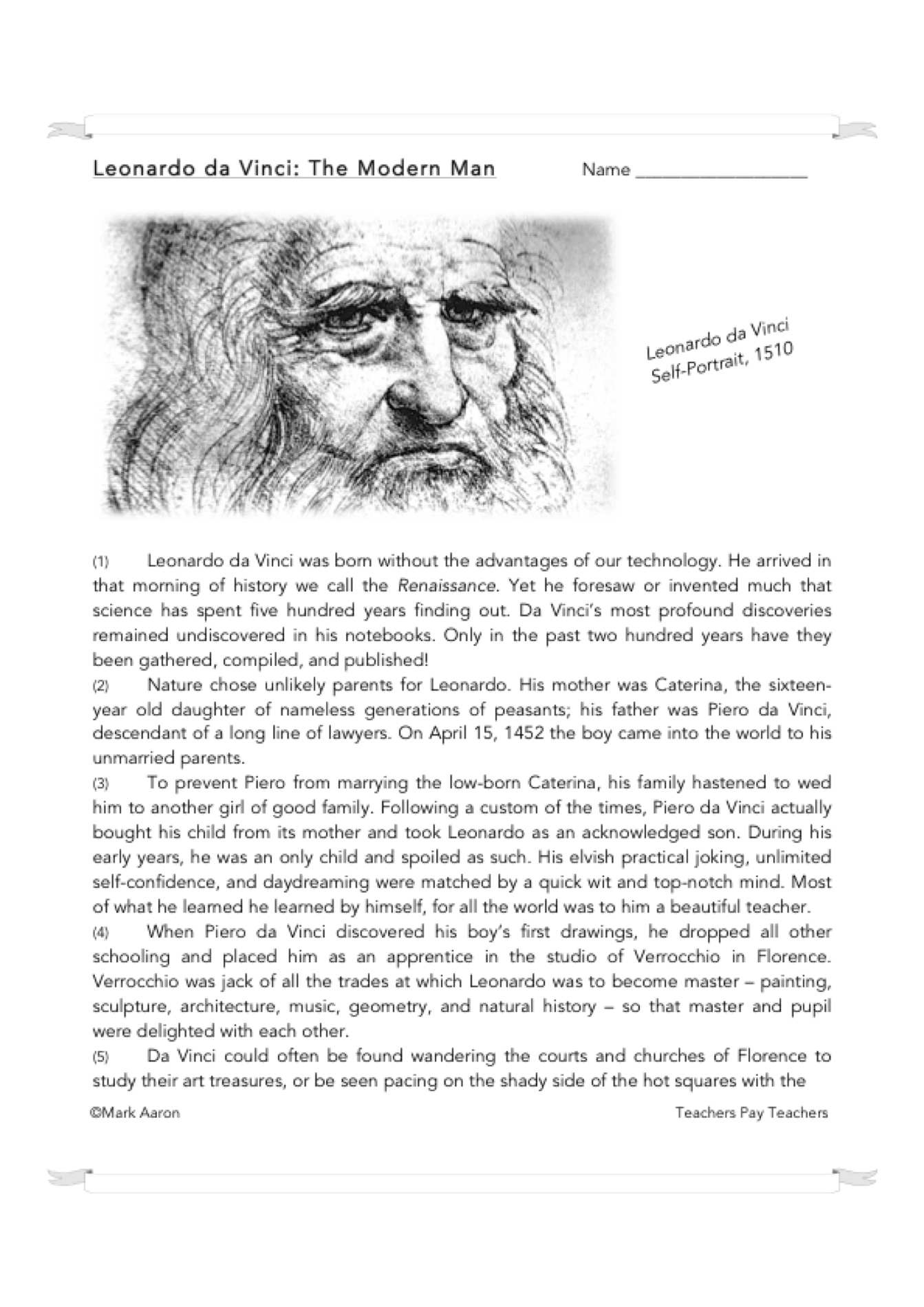 Leonardo Da Vinci- The Modern Man (Biographical Passage And for Leonardo Da Vinci Reading Comprehension Worksheet