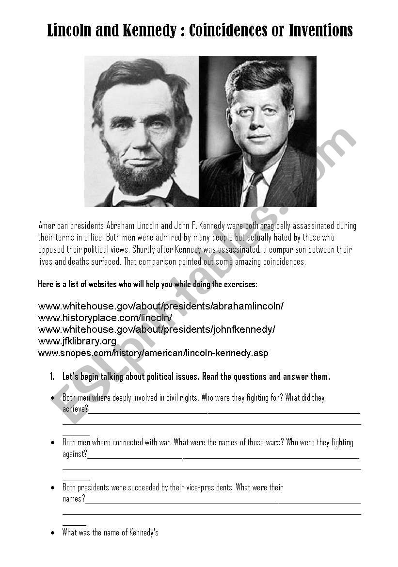 Lincoln And Kennedy: Coincidences Or Inventions (Reading in Esl Reading Comprehension Worksheets Kennedy