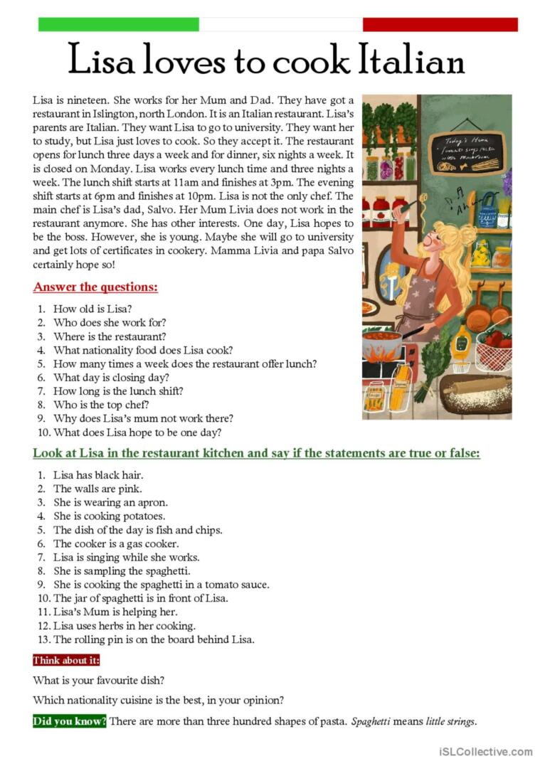 Lisa Loves To Cook Italian General G…: English Esl Worksheets Pdf intended for Italian Reading Comprehension Worksheets